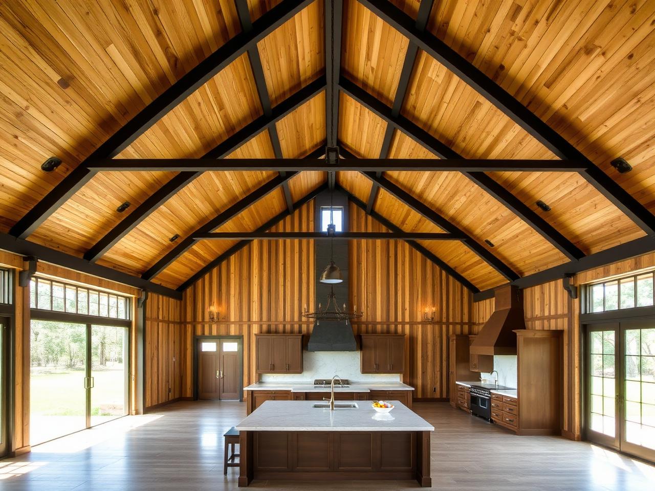 Vaulted wood ceiling barndominium interior